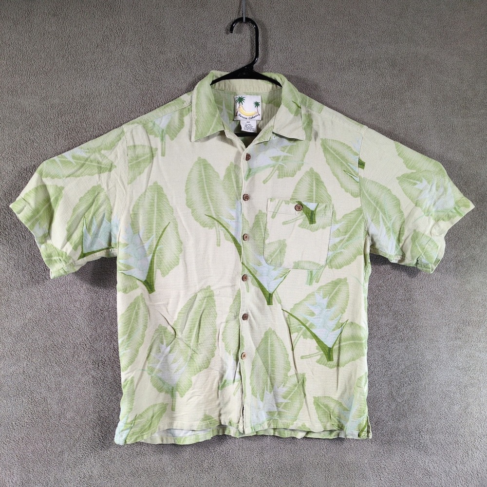 Banana Cabana Mens Large Silk Tropical‎ Leaf Print Hawaiian Aloha Shirt Green